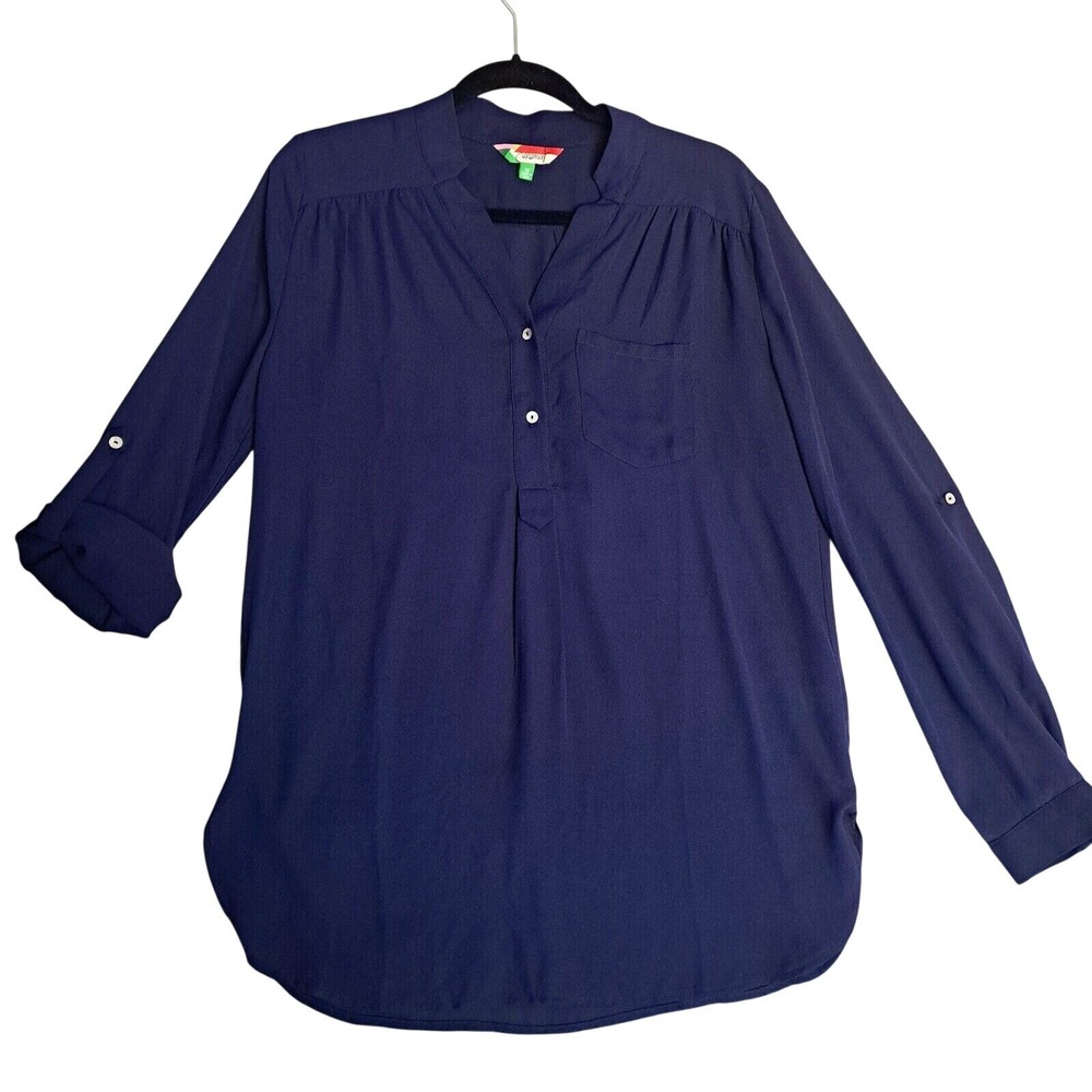ModCloth Fervour Tunic Top Womens M‎ Roll-Tab Sleeve Button Up Blouse Navy Blue